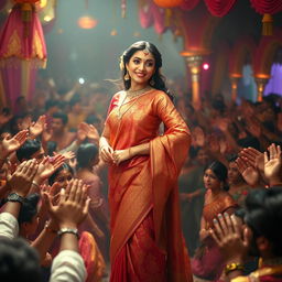 A glamorous Bollywood scene depicting an imaginary actress reminiscent of the timeless charm of Madhuri Dixit, wearing a traditional, elegant saree