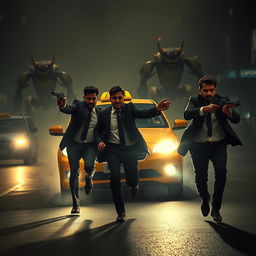 A suspenseful and mysterious scene from a dark novel depicts two Indian men in suits frantically running in front of a taxi