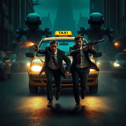 A suspenseful and mysterious scene from a dark novel depicts two Indian men in suits frantically running in front of a taxi