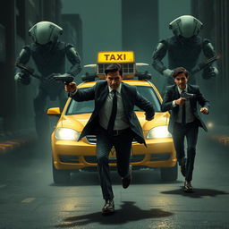 A suspenseful and mysterious scene from a dark novel depicts two Indian men in suits frantically running in front of a taxi