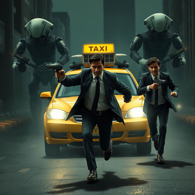 A suspenseful and mysterious scene from a dark novel depicts two Indian men in suits frantically running in front of a taxi