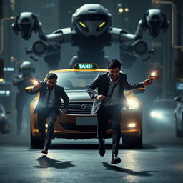 A suspenseful and mysterious scene from a dark novel depicts two Indian men in suits frantically running in front of a taxi