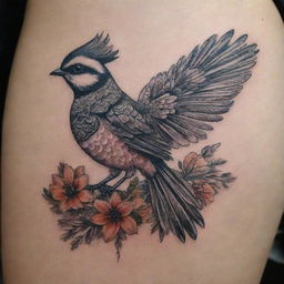 A beautifully intricate tattoo design of a fantail bird, styled with indigenous patterns and tones.