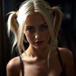 A blonde woman with pigtails is shown in a suggestive setting, conveying intimacy and sensuality