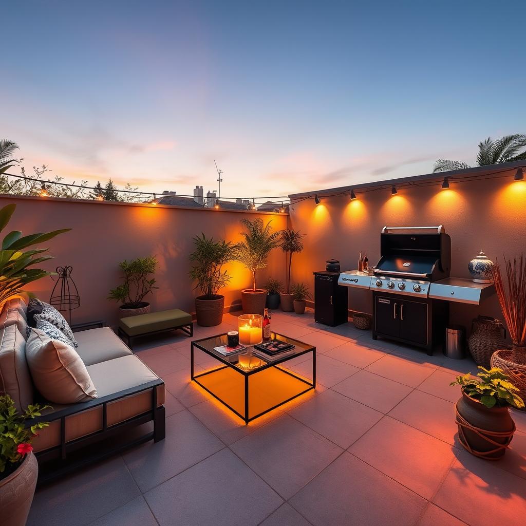 A 20-square-meter terrace designed with a chill-out area and a barbecue setup