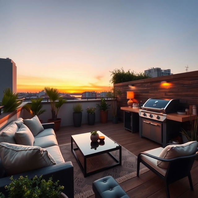 A 20-square-meter terrace designed with a chill-out area and a barbecue setup