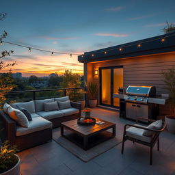 A 20-square-meter terrace designed with a chill-out area and a barbecue setup