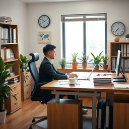 A well-organized office space, with a central desk surrounded by neatly arranged files and books