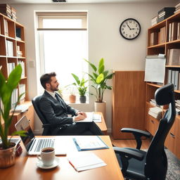 A well-organized office space, with a central desk surrounded by neatly arranged files and books