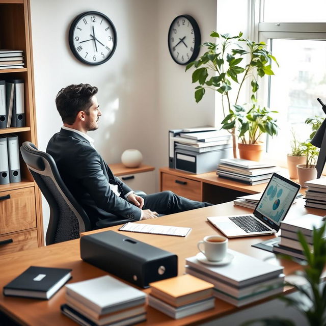 A well-organized office space, with a central desk surrounded by neatly arranged files and books