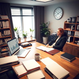 A well-organized office space, with a central desk surrounded by neatly arranged files and books