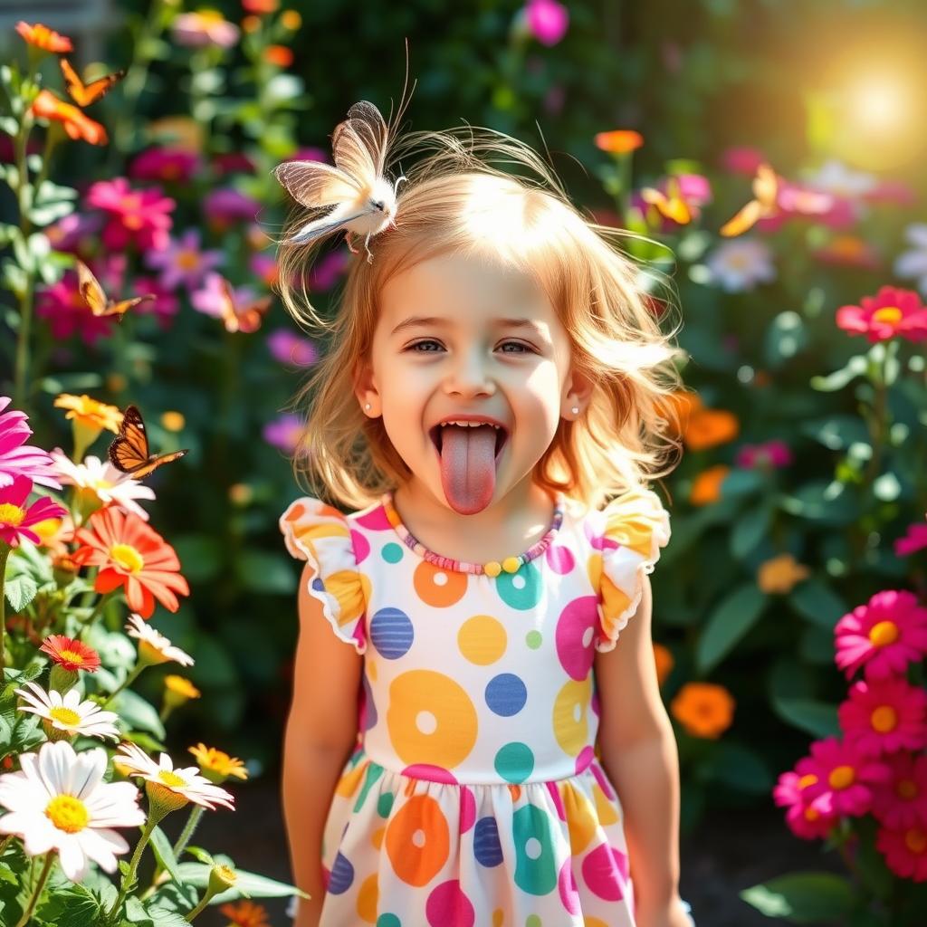 A little girl playfully sticking out her tongue in a candid moment