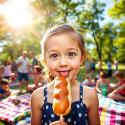 A little girl playfully sticking out her tongue towards a hot dog on a stick, as if she's about to taste it