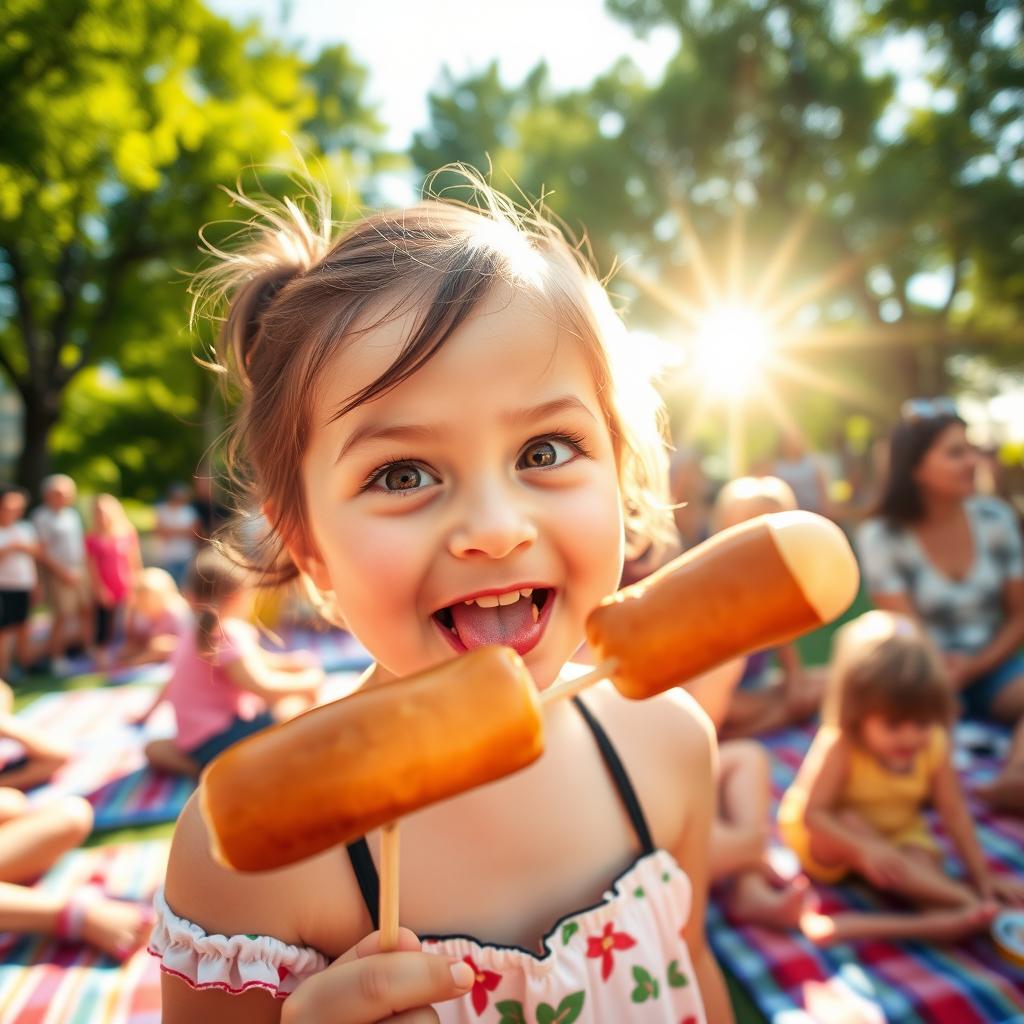 A little girl playfully sticking out her tongue towards a hot dog on a stick, as if she's about to taste it