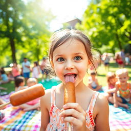 A little girl playfully sticking out her tongue towards a hot dog on a stick, as if she's about to taste it