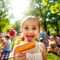 A little girl playfully sticking out her tongue towards a hot dog on a stick, as if she's about to taste it