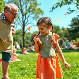 A playful scene featuring a little girl in a colorful park