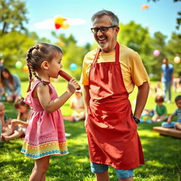 A playful scene featuring a little girl in a colorful park