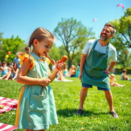 A playful scene featuring a little girl in a colorful park