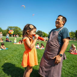 A playful scene featuring a little girl in a colorful park