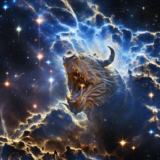 A celestial beast roars in the cosmic void, producing a blinding light more powerful than all galaxies combined.