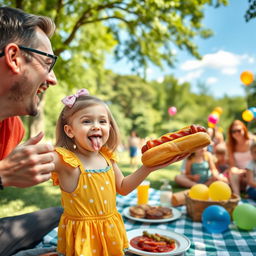 A vibrant and playful park setting where a little girl dressed in a bright summer outfit playfully sticks out her tongue at a hot dog held by a man in a humorous, light-hearted manner