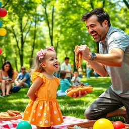 A vibrant and playful park setting where a little girl dressed in a bright summer outfit playfully sticks out her tongue at a hot dog held by a man in a humorous, light-hearted manner