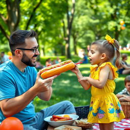 A vibrant and playful park setting where a little girl dressed in a bright summer outfit playfully sticks out her tongue at a hot dog held by a man in a humorous, light-hearted manner