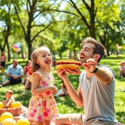 A vibrant and playful park setting where a little girl dressed in a bright summer outfit playfully sticks out her tongue at a hot dog held by a man in a humorous, light-hearted manner