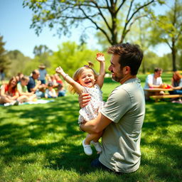 A cute and playful scene featuring a little girl pretending to play a game with her loving dad in a sunny park