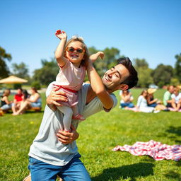 A cute and playful scene featuring a little girl pretending to play a game with her loving dad in a sunny park