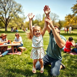 A cute and playful scene featuring a little girl pretending to play a game with her loving dad in a sunny park