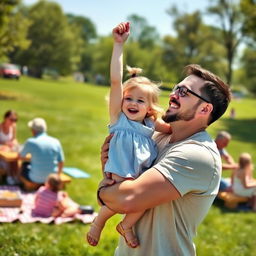 A cute and playful scene featuring a little girl pretending to play a game with her loving dad in a sunny park