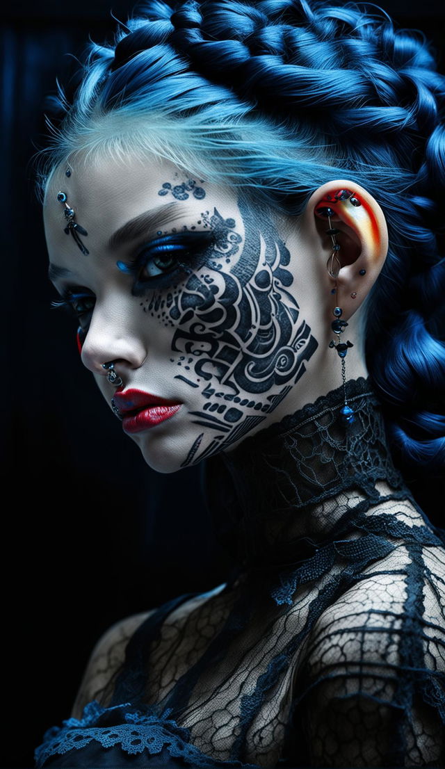 Hyper-realistic 3D side profile photograph of a gothic woman with Japanese tattoos and piercings. Symmetric blue eyes with circular irises, vibrant red lips, and detailed skin pores. Framed by lace and satin in a dark, gritty, low-light aesthetic.