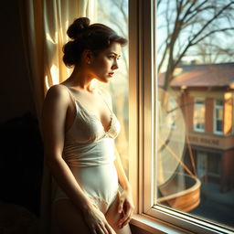 A thoughtful woman in lingerie standing by a window, capturing the essence of the early to mid-20th century