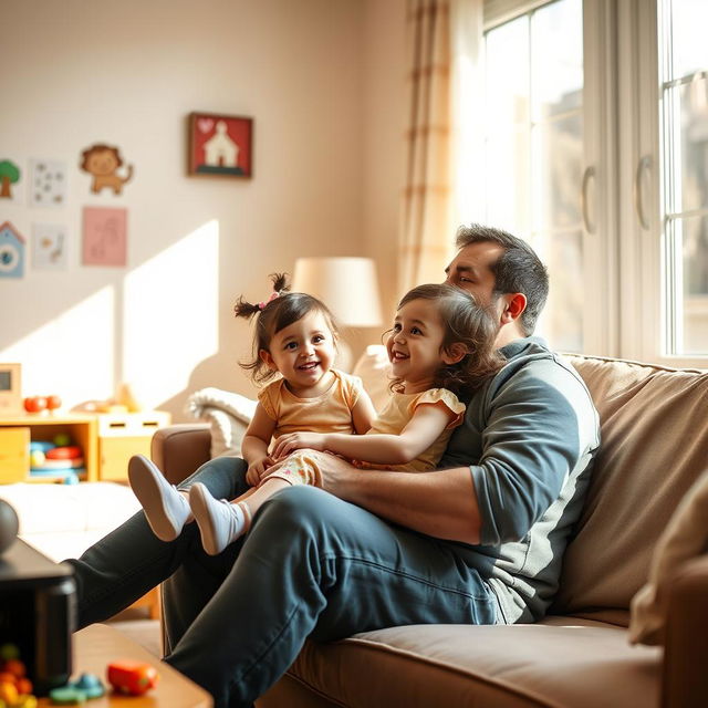 A warm and innocent family scene in a sunny living room where a little girl is playfully sitting on her dad's lap while watching cartoons