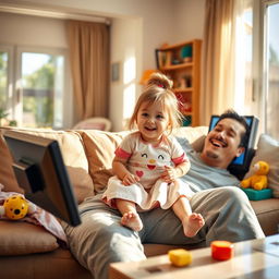 A warm and innocent family scene in a sunny living room where a little girl is playfully sitting on her dad's lap while watching cartoons