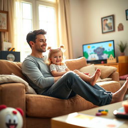 A warm and innocent family scene in a sunny living room where a little girl is playfully sitting on her dad's lap while watching cartoons