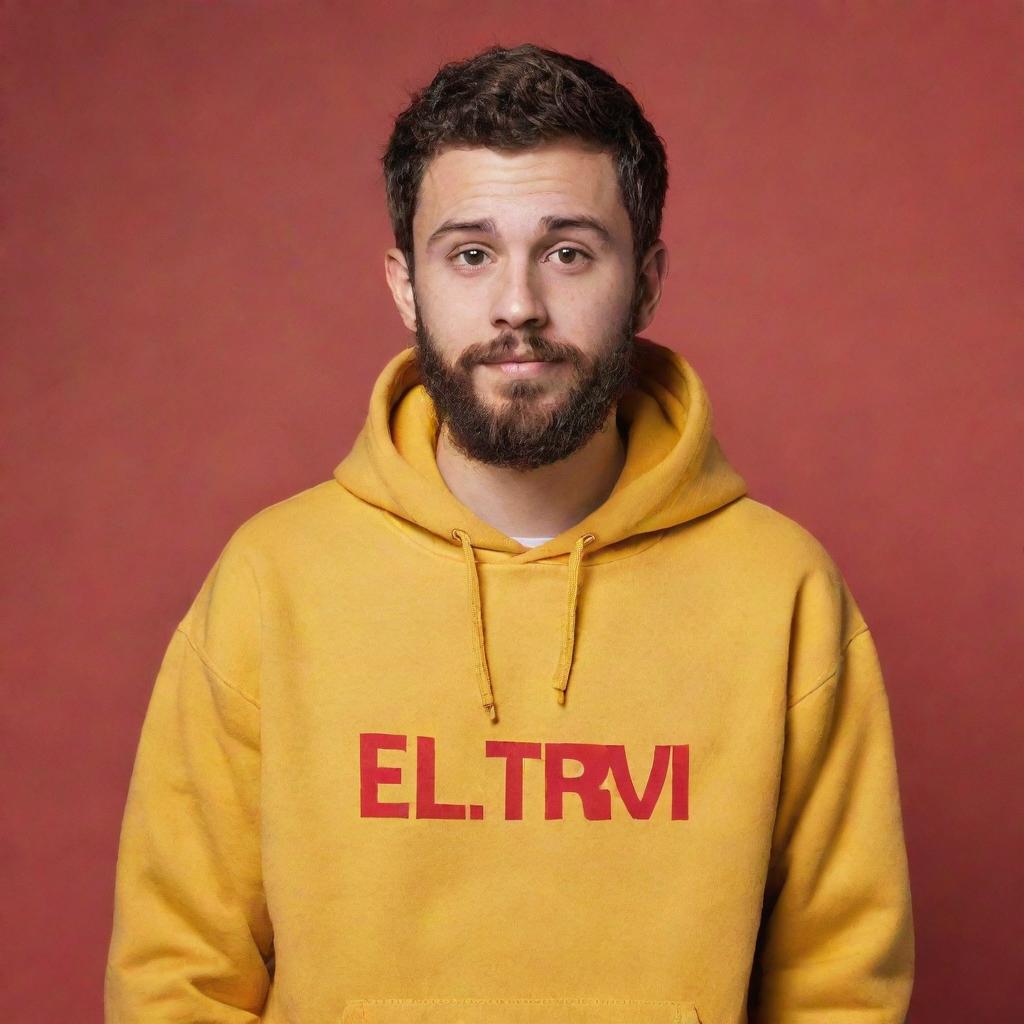 A 20-year-old guy with a beard and short hair, wearing a yellow hoodie with the text 'El Trivi', set against a red background. The style is comparable to Disney/Pixar animation.