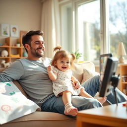 A warm and innocent family scene in a sunny living room where a little girl is playfully sitting on her dad's lap while watching cartoons