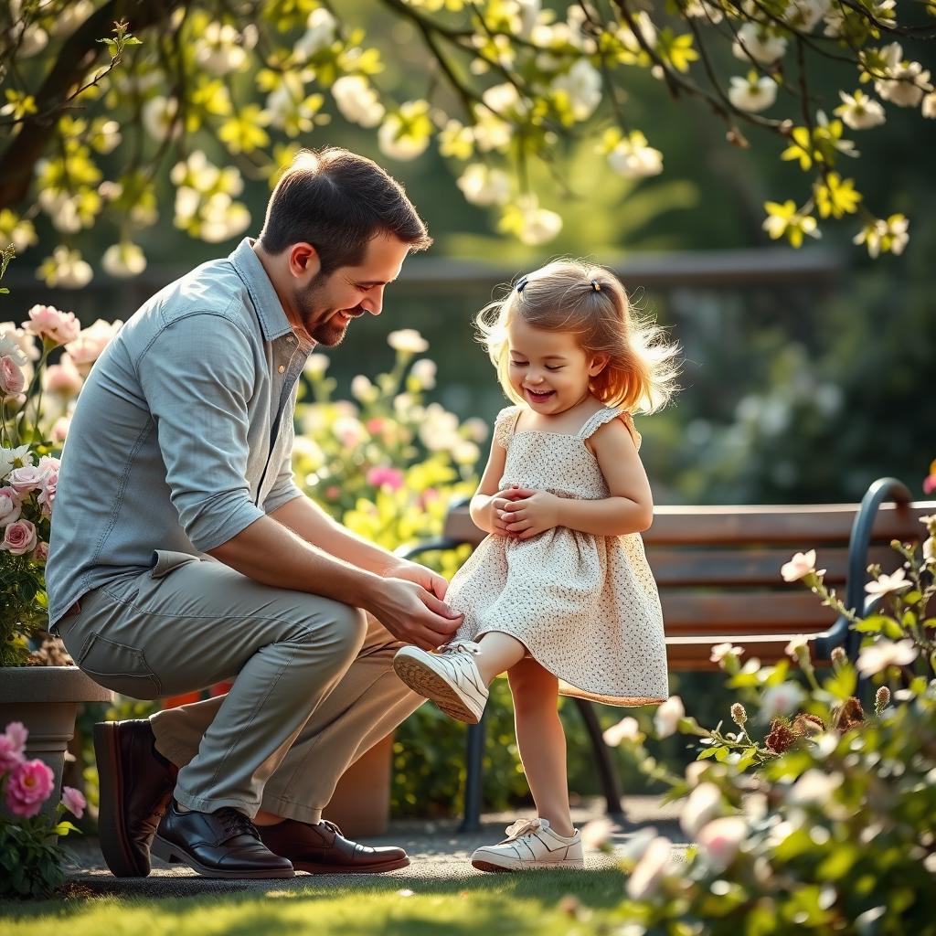 A serene and heartwarming family moment in a garden where a father gently helps his daughter with her shoes