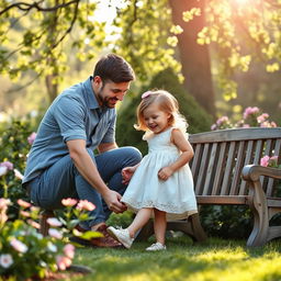 A serene and heartwarming family moment in a garden where a father gently helps his daughter with her shoes