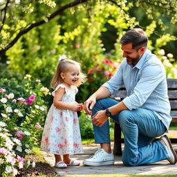 A serene and heartwarming family moment in a garden where a father gently helps his daughter with her shoes