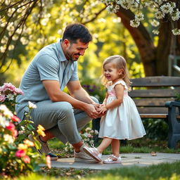 A serene and heartwarming family moment in a garden where a father gently helps his daughter with her shoes