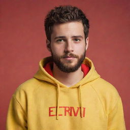 A 20-year-old guy with a beard and short hair, wearing a yellow hoodie with the text 'El Trivi', set against a red background. The style is comparable to Disney/Pixar animation.