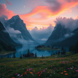 A mystical, fantastical landscape featuring a serene, blue lake surrounded by towering, mist-covered mountains