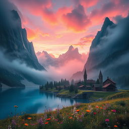 A mystical, fantastical landscape featuring a serene, blue lake surrounded by towering, mist-covered mountains