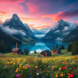 A mystical, fantastical landscape featuring a serene, blue lake surrounded by towering, mist-covered mountains