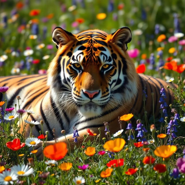 A majestic tiger lounging amidst a field of vibrant wildflowers