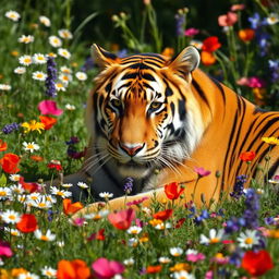 A majestic tiger lounging amidst a field of vibrant wildflowers